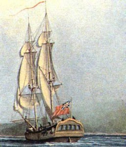 The Gale, one of the ships hired by John Dick to take the German settlers to Nova Scotia. Artist: J. Franklin Wright Canso-Chesapeake Heritage Publishing c. 1989